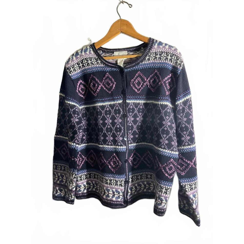 Hand Embroidered Cotton/Ramie/Mohair Blend Button Cardigan Sweater Large